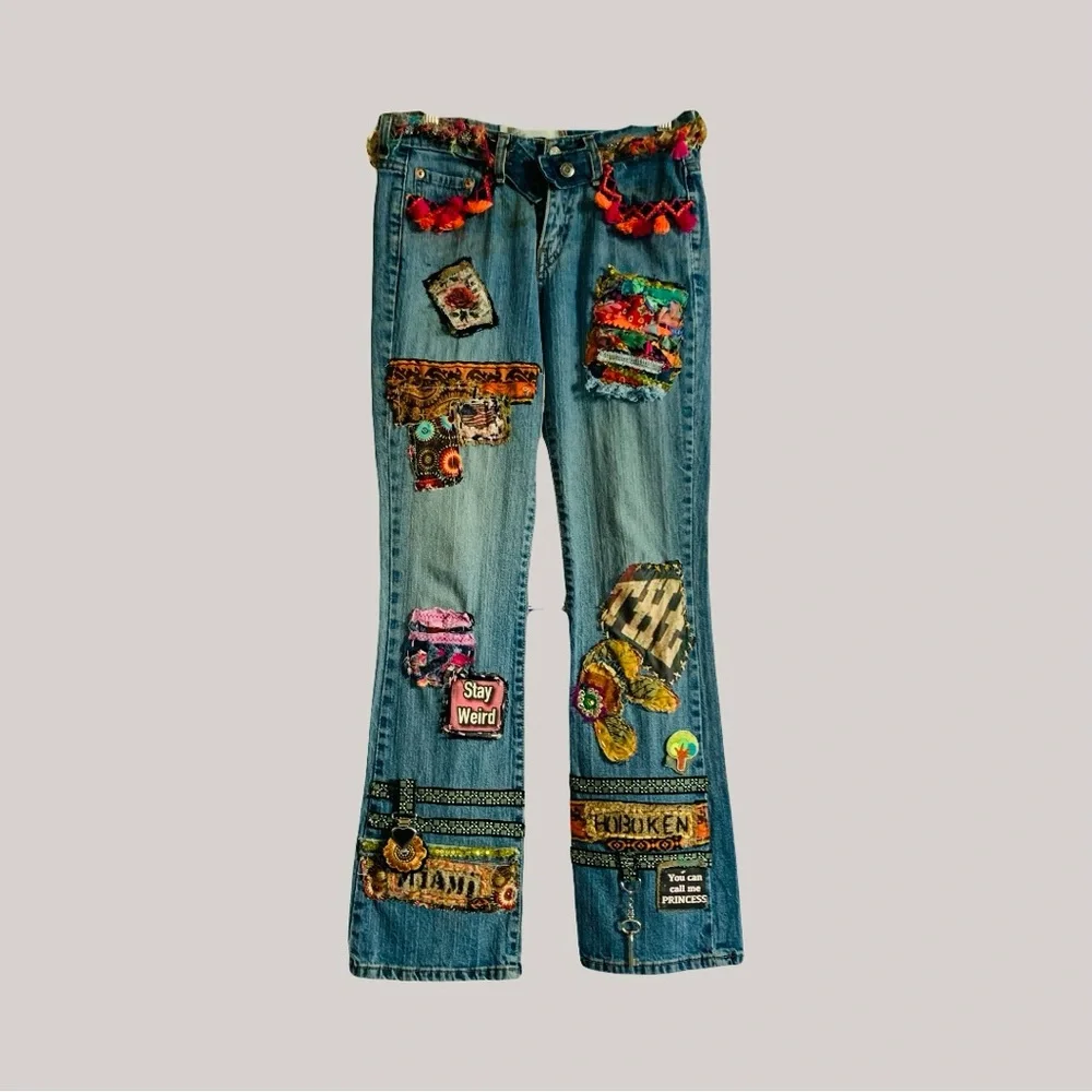 Artistic Patchwork Flare Jeans - Picture 10 of 15